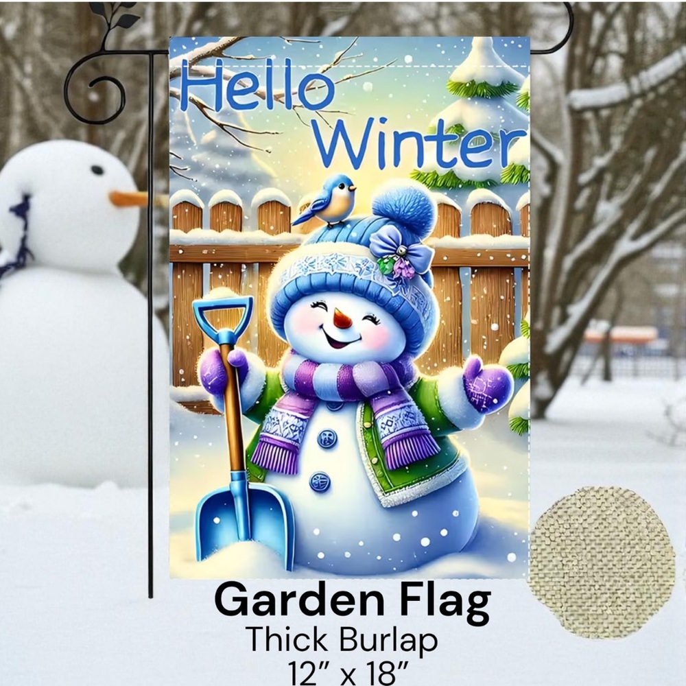 Garden flag, 12” x 18”, hello Winter snowman, thick burlap polyester double-side